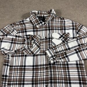 HFX Flannel Snap Jacket Women's Size L Gray & Brown Plaid W/Pockets Heavy Fabric